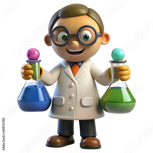 Fototapeta Cheerful scientist holding colorful flasks cartoon