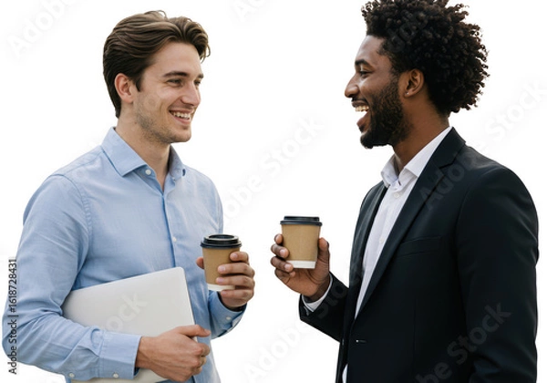Fototapeta Two businessmen having coffee and talking, isolated on transparent background