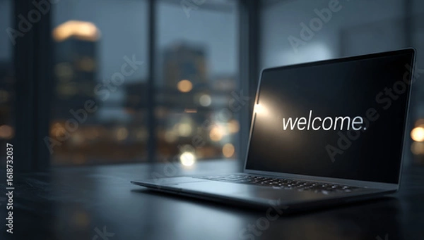 Fototapeta A laptop displays the word welcome in a modern office setting at night