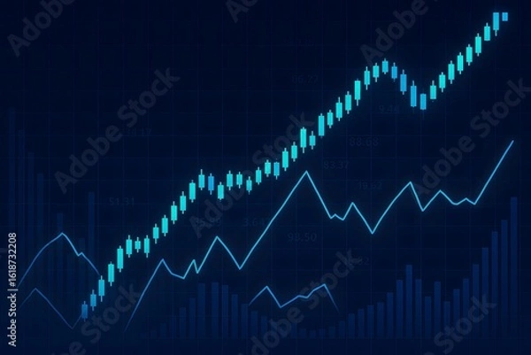 Fototapeta Bullish Market Trend Displayed on Blue Candlestick Chart with Supporting Graphs
