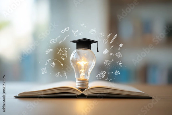 Fototapeta A glowing lightbulb wearing a graduation cap sits atop an open book with drawings