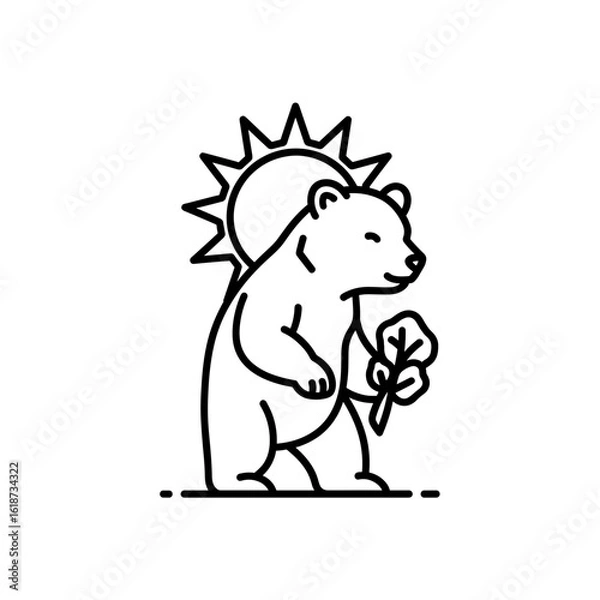 Fototapeta Standing bear holding a clover with sun behind it in a line drawing style illustration art
