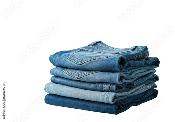 Fototapeta A stack of folded blue denim jeans isolated on transparent background