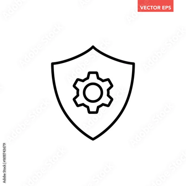 Fototapeta Black single shield with gear line icon, simple gear setting protection flat design illustration infographic pictogram vector, app logo web button ui ux interface elements isolated on white background