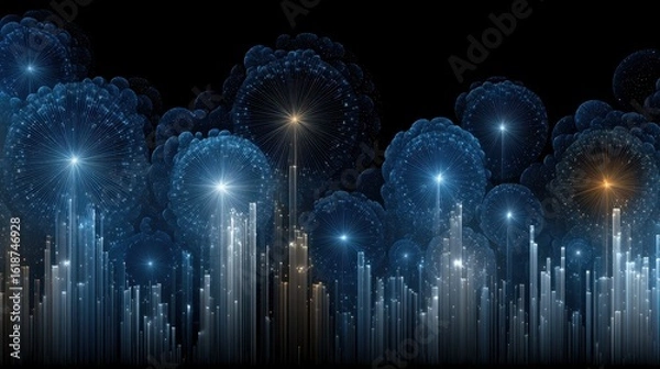 Fototapeta Visual data story concept, Abstract digital art featuring luminous shapes resembling fireworks against a dark background.