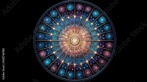 Fototapeta Visual data story concept, Intricate stained glass design featuring a circular pattern with vibrant colors and detailed motifs.