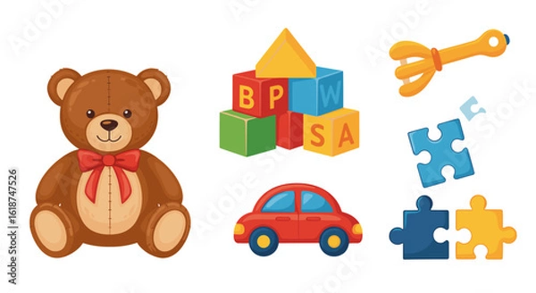 Fototapeta Adorable Brown Teddy Bear Building Blocks Red Car and Puzzle Pieces Isolated on White Background
