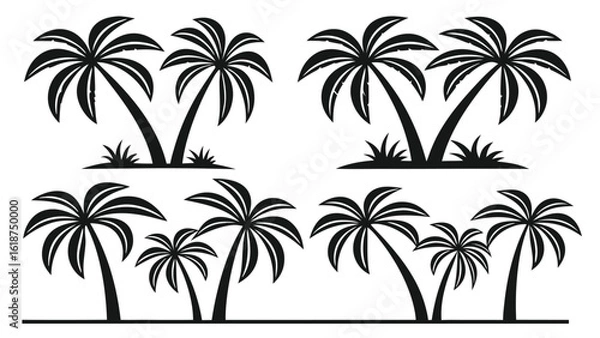 Obraz Clean vector illustration of tropical palm trees; simple, black silhouette; summer vacation design elements.