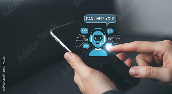 Fototapeta Person using a smartphone to interact with an ai chatbot asking can i help you