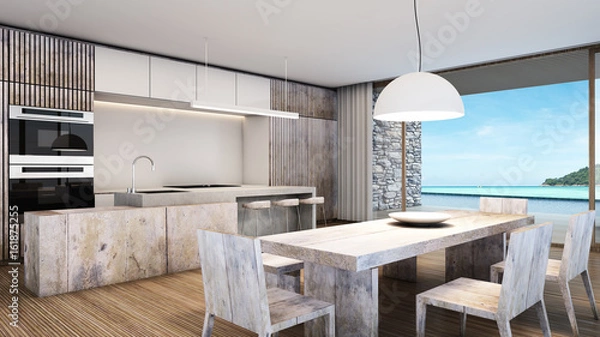 Obraz Dining kitchen beach villa background take view sea -3D render