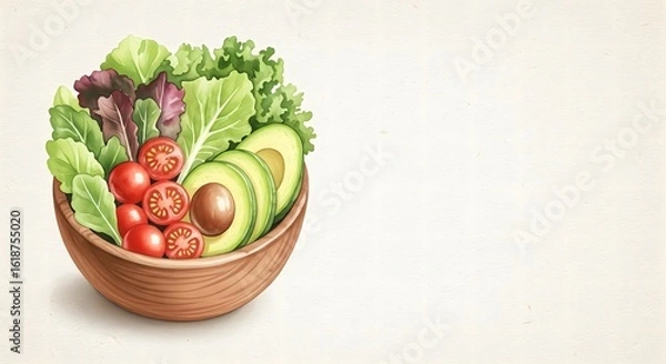 Fototapeta Fresh Green Salad Bowl with Avocado and Tomatoes on Textured Background