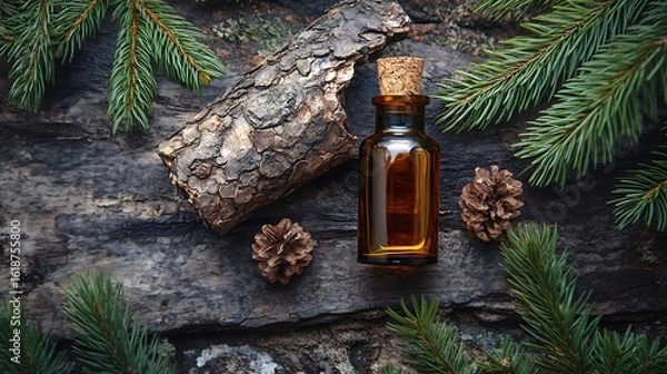 Fototapeta Minimal rustic style with turpentine oil bottle and pine tree bark