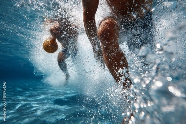Fototapeta Dynamic water polo players splashing in the pool while competing for the ball in an energetic match