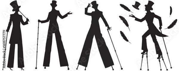 Fototapeta stilt walker silhouette set isolated in white background vector, stilt walker circus Performers Silhouettes Vector Set