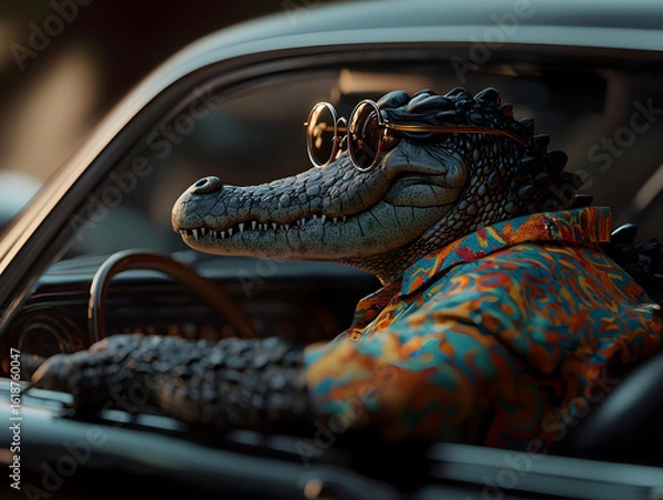 Obraz Crocodile Driver In Retro Car