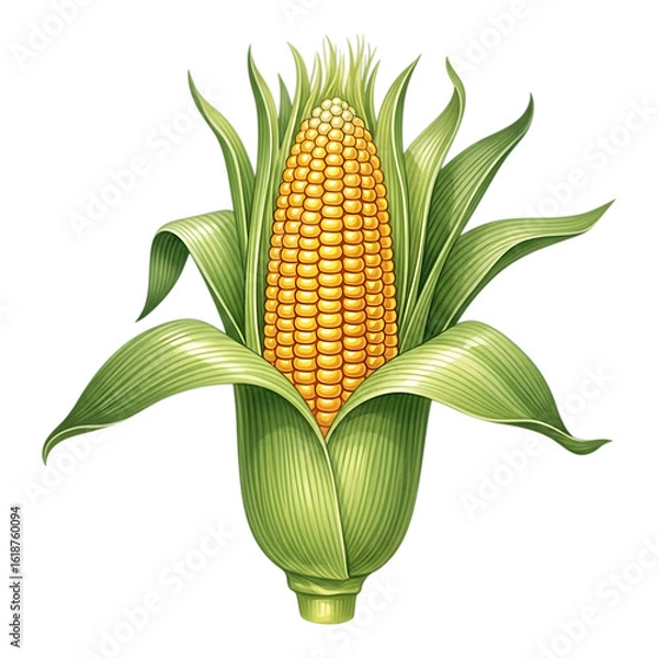 Fototapeta Detailed watercolor illustration of a fresh corn cob with green husks isolated on transparent background