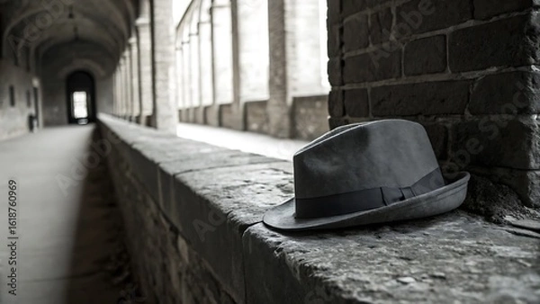 Fototapeta Gray fedora hat resting on stone ledge monochrome