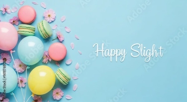 Obraz Easter eggs and macarons with cherry blossoms on a blue background