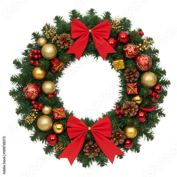 Fototapeta Festive Christmas Wreath with Red, Gold, and Sparkling Accents