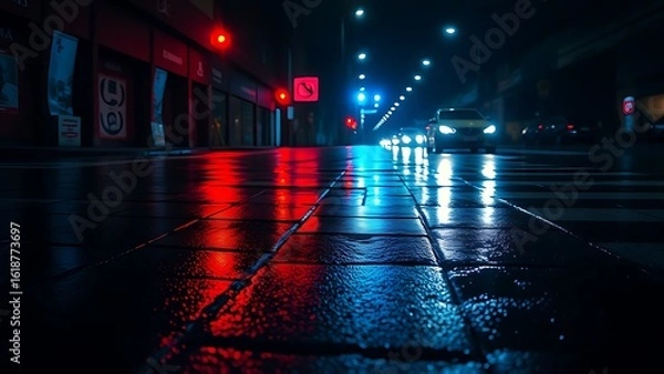 Obraz Dramatic blue and red light reflections on wet pavement in an atmospheric urban night scene.