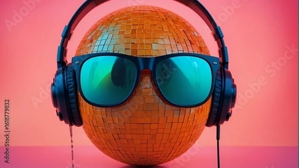 Fototapeta Orange with disco ball texture and mirror sunglasses wearing sleek black headphones, glowing magenta background, 32k, full ultra HD, high resolution -ar 16:9 -no noise upbeta"
