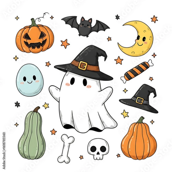 Fototapeta Illustration of a charming halloween illustration featuring a ghost pumpkin bat moon and other spooky elements perfect for adding a festive touch isolated on transparent background