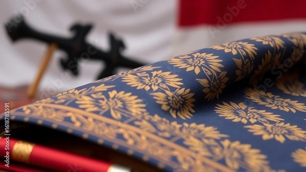 Obraz Traditional embroidered Edelweiss corsage on dark green fabric with golden sunlight.
