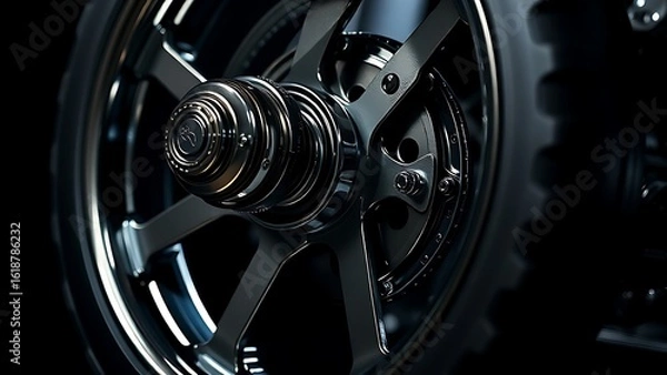 Obraz Polished metal wheel with intricate design, highlighted by industrial chrome reflections.