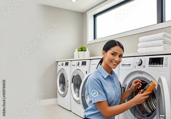 Fototapeta Happy Technician Repairing Washing Machine