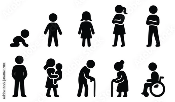 Obraz Stickman people of different ages and abilities including child, adult, elderly, and disabled icon set
