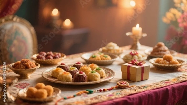 Fototapeta Raksha Bandhan sweets and a hand band  with a traditional " AI Generator "
