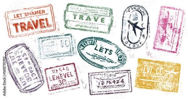 Obraz  A collage of various passport stamps from different countries, including criss-crossed and overlapping stamps in reds, blues, greens, and black ink on a white paper background 