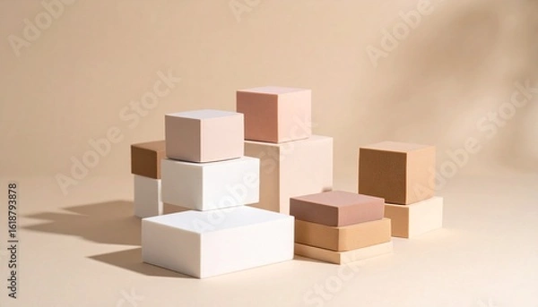 Fototapeta A collection of stacked, pastel-colored cubes of varying sizes arranged on a beige surface, casting shadows.
