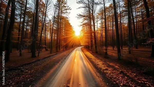 Obraz Aerial view of a dirt road splitting through a golden autumn forest with sunlight filtering through the trees.