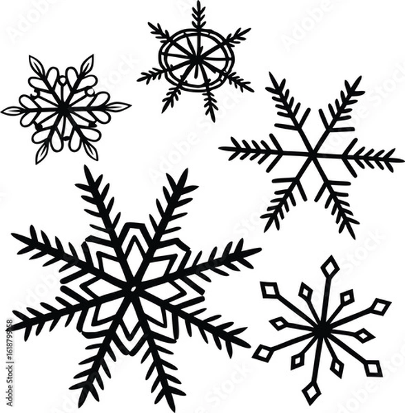 Fototapeta Set of black snowflake icons – winter and Christmas vector collection for festive decorations, seasonal patterns, holiday cards, and New Year designs on white background