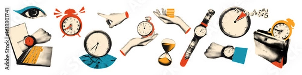 Fototapeta Time management business concept halftone art collage cut outs set. Various paper clipping shapes, stickers with vintage dotted texture and doodles. Modern retro grunge mixed media vector illustration