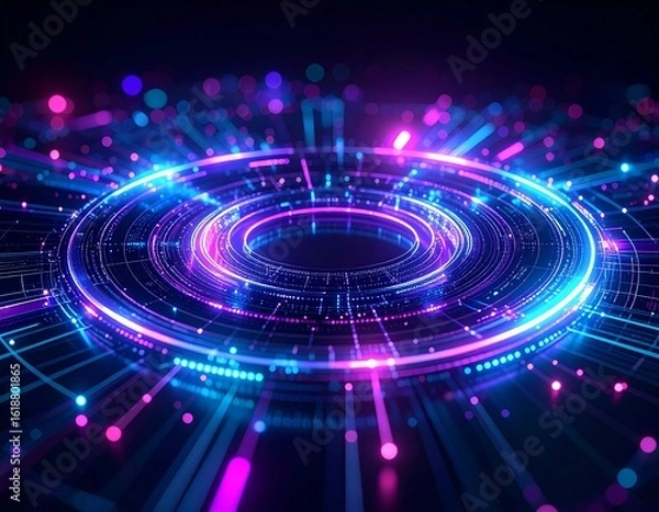 Obraz Abstract glowing digital rings with data streams and vibrant light effects.