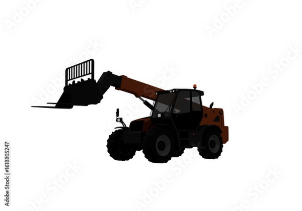 Fototapeta A telehandler with an extended boom and fork attachment, positioned on a white background space