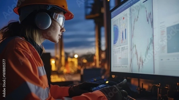 Obraz Technician Reviewing Data from Mud Logging During Oil Drilling Operations