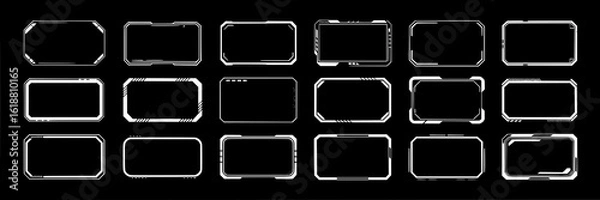 Obraz Sci-Fi HUD rectangular frame collection. Futuristic vector borders, white lines, tech elements on black background. Modern digital interface screen frames. Game UI design element set.