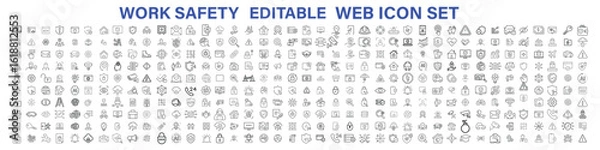 Fototapeta Work Safety editable stroke outline web icons set. Safety first, hazard, protection, health, insurance, regulations, helmet and work. Vector illustration