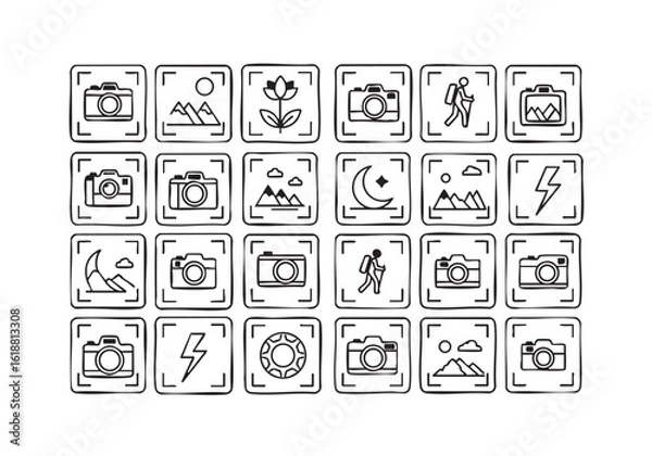Fototapeta Collection of Photography Related Doodle Icons Representing Diverse Scenes and Concepts Hand Drawn Black and White Illustration