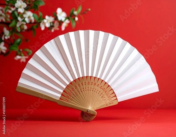 Fototapeta Elegant White Folding Hand Fan with Bamboo Details on Red Background – Summer Accessory & Cultural Decor
