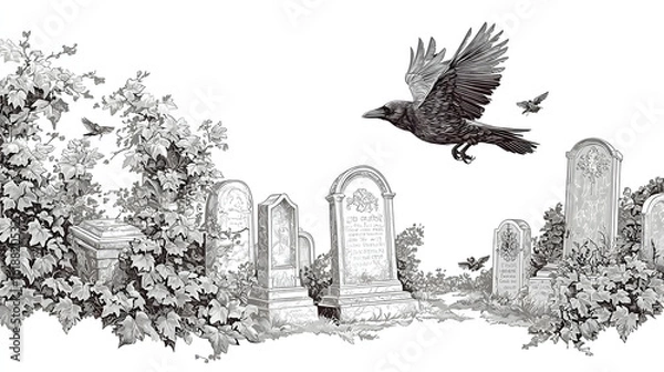 Obraz Grayscale Cemetery Scene With Flying Crow