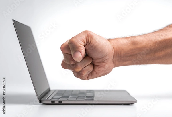 Fototapeta A fist slams down on a laptop keyboard, symbolizing anger and frustration