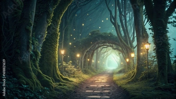 Obraz Wander through a magical forest path illuminated by glowing lamps and whimsical fireflies tonight