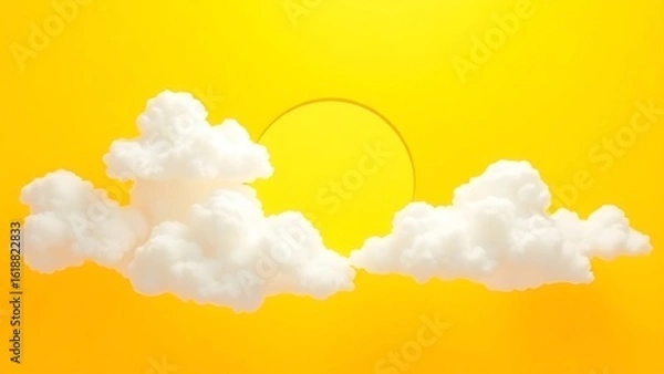 Obraz Abstract composition of sunny yellow background with white clouds and a blue circular element, minimalist and geometric.
