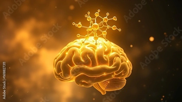 Obraz A golden molecular structure of spermidine floating above a brain-shaped nebula, glowing with energy.