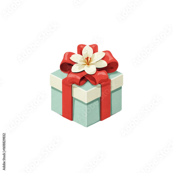Fototapeta 3D cartoon gift box with red ribbon and flower on top, flat design for sticker,  soft color palette.png isolated on transparent background