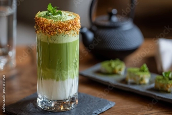Fototapeta Vibrant green layered matcha latte with toasted coconut flakes and fresh mint.